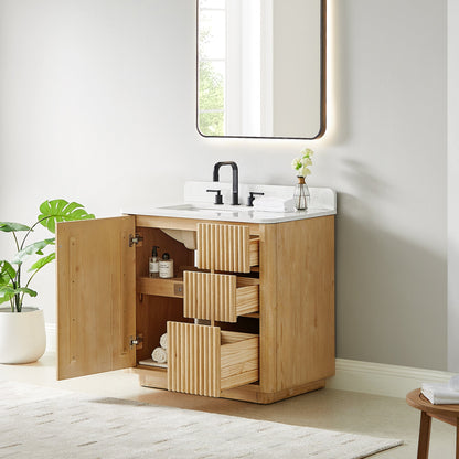 Clayton 36" Single Bathroom Vanity in Washed Light Brown with Grain White Engineered Stone Countertop