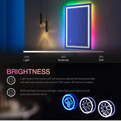 W20 x H28" Square LED bathroom mirror with lights RGB Color Changing Silver