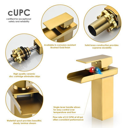 Sassor 7 Inch Single Hole Waterfall Bathroom Faucet - Brushed Gold
