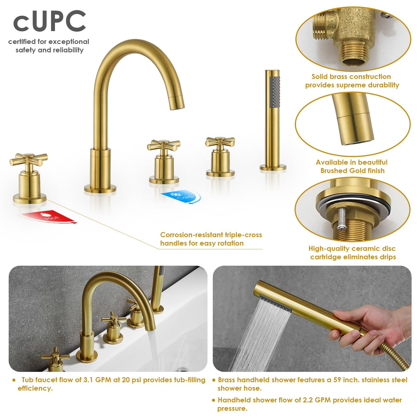 Sorlia Cross Handles Deck-Mount Roman Tub Faucet with Handshower
