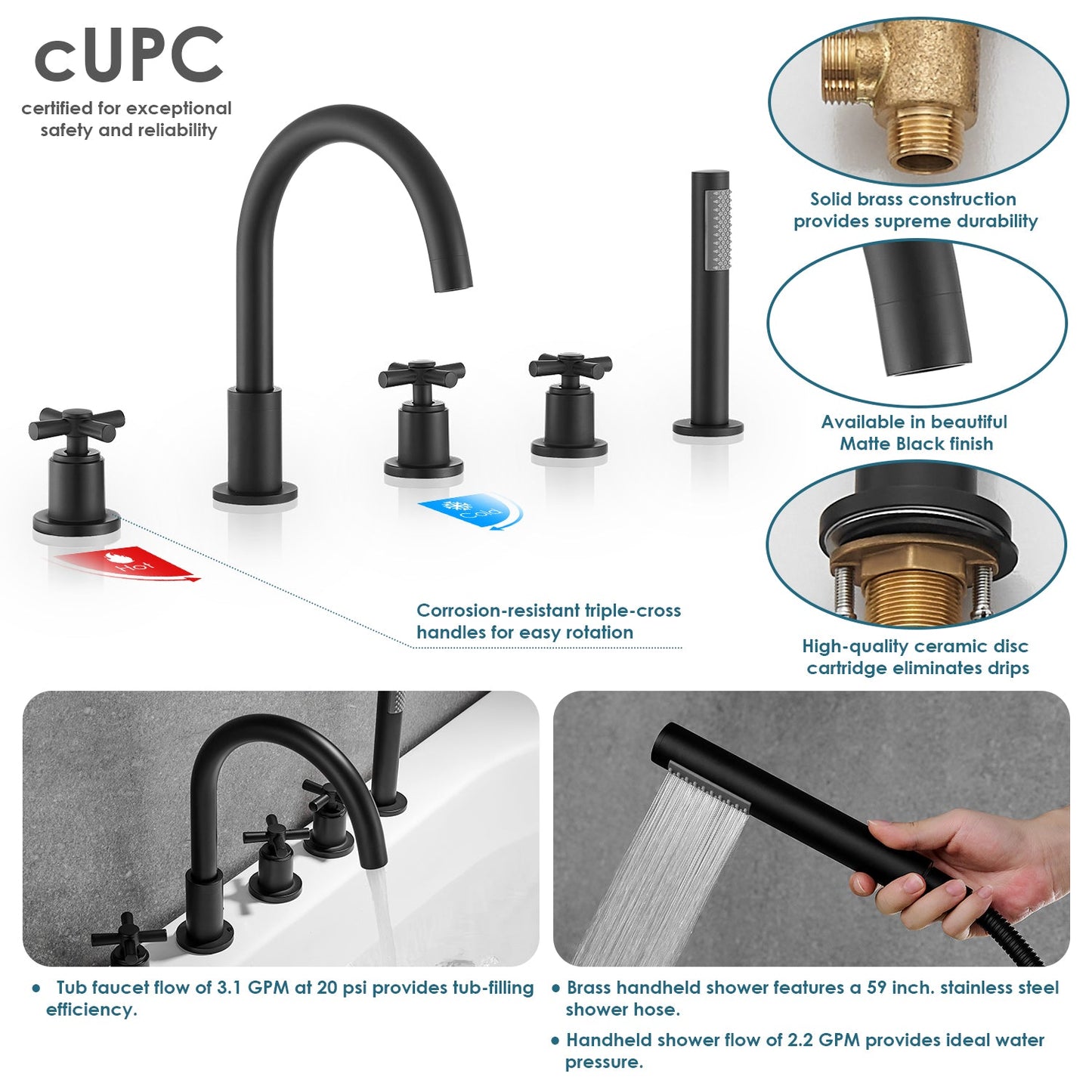 Sorlia Cross Handles Deck-Mount Roman Tub Faucet with Handshower