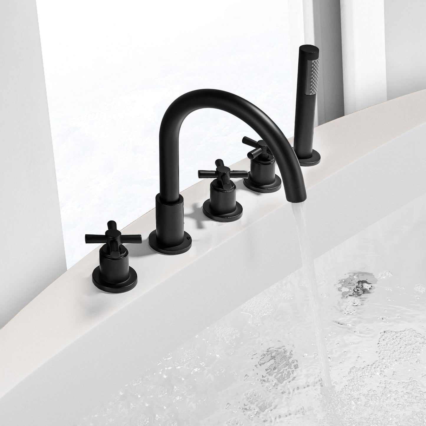 Sorlia Cross Handles Deck-Mount Roman Tub Faucet with Handshower