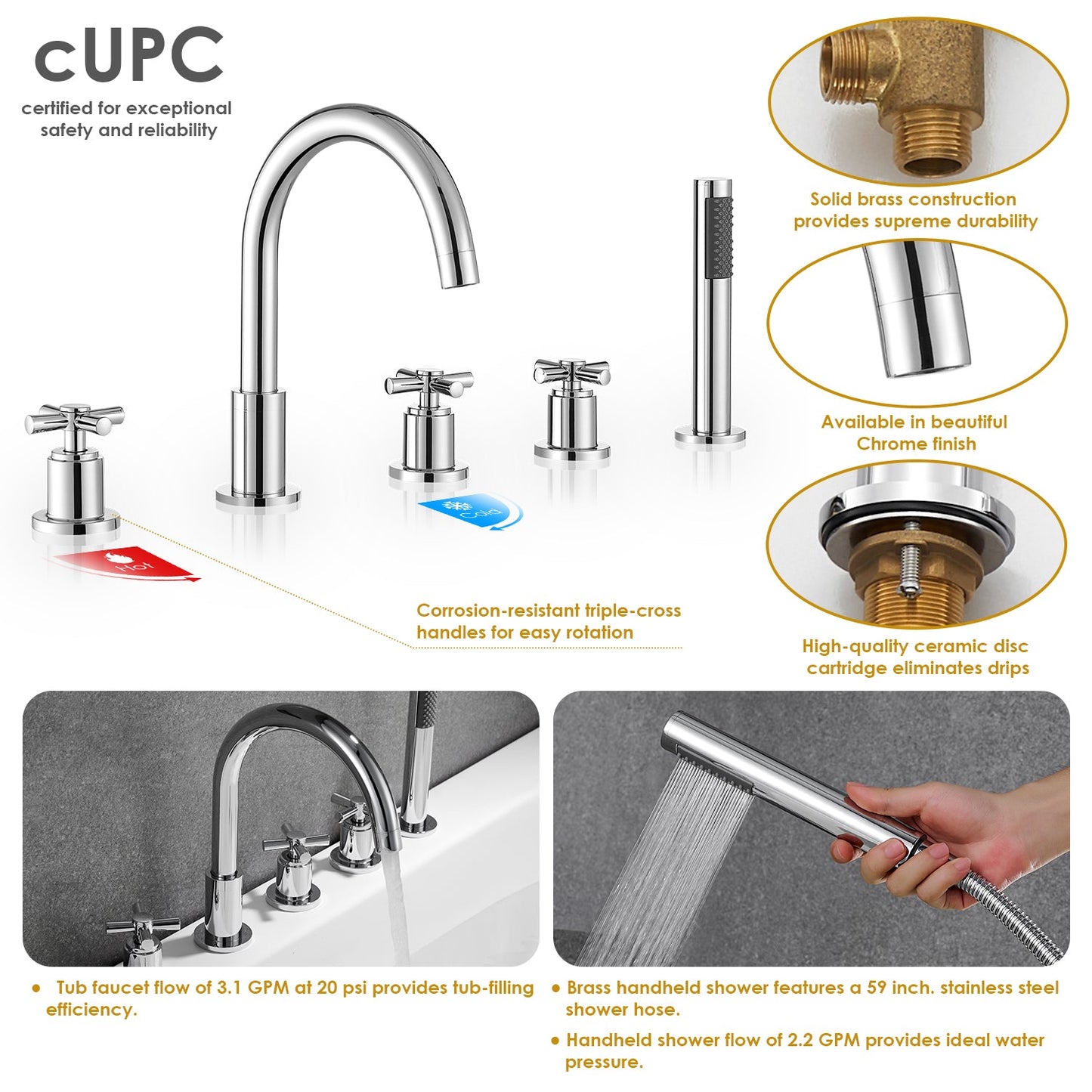 Sorlia Cross Handles Deck-Mount Roman Tub Faucet with Handshower