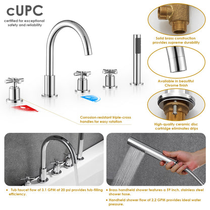 Sorlia Cross Handles Deck-Mount Roman Tub Faucet with Handshower