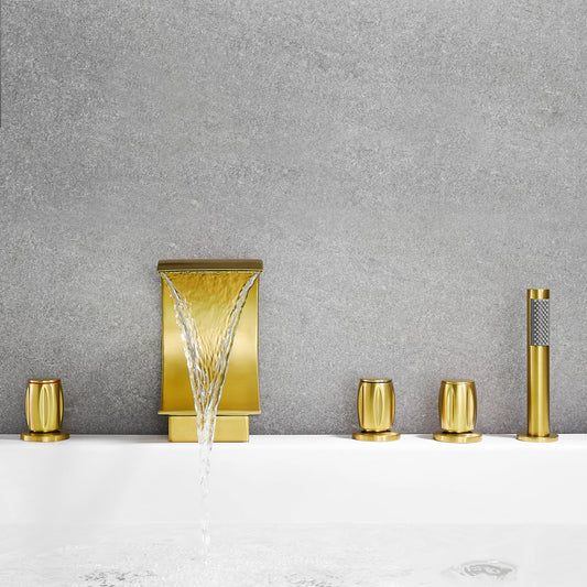 Recea Triple Handle Deck-Mount Roman Tub Faucet with Diverter and Handshower