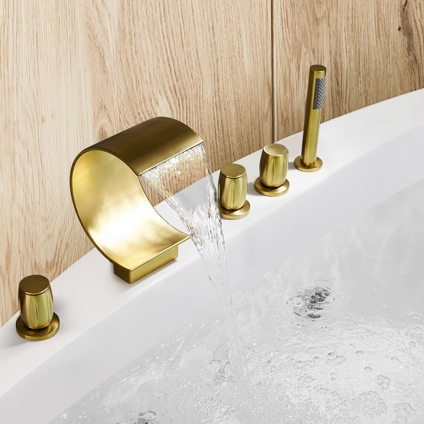 Recea Triple Handle Deck-Mount Roman Tub Faucet with Diverter and Handshower