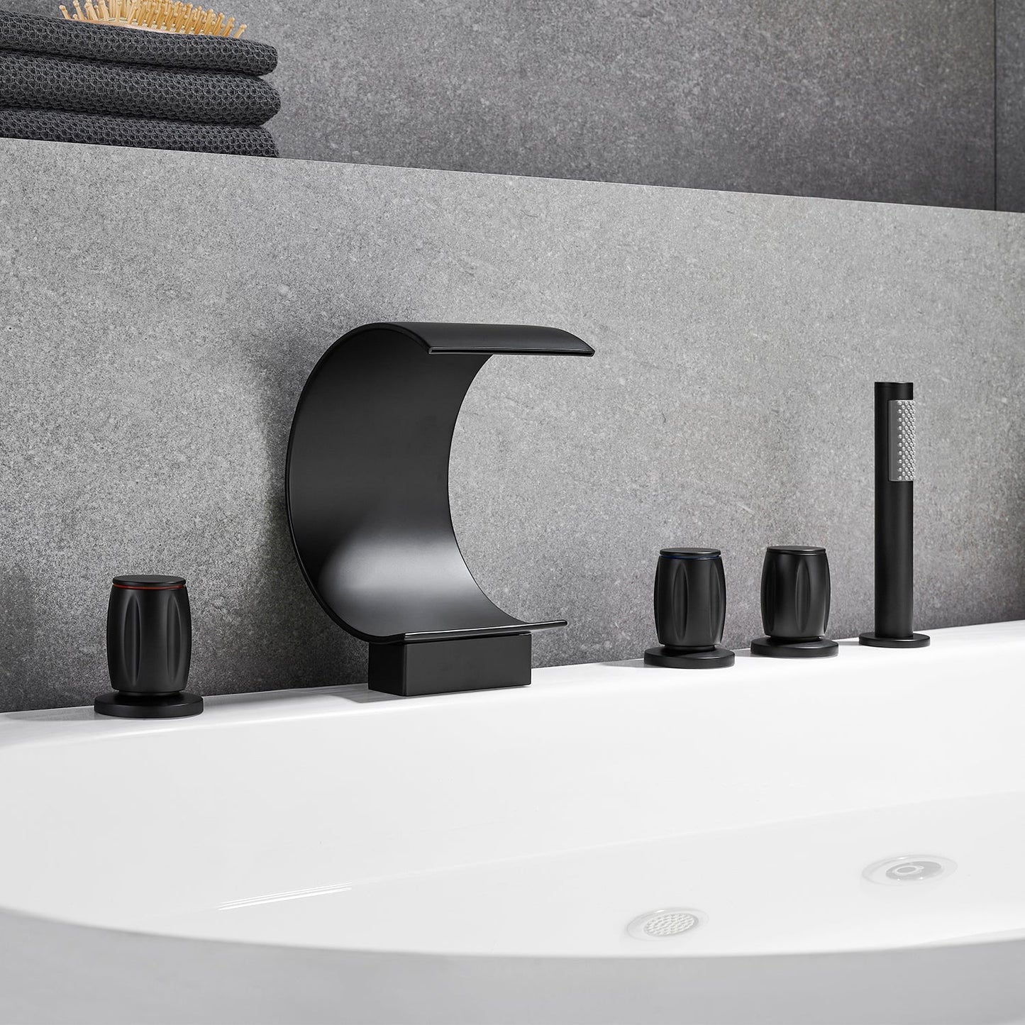 Recea Triple Handle Deck-Mount Roman Tub Faucet with Diverter and Handshower