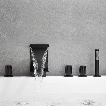 Recea Triple Handle Deck-Mount Roman Tub Faucet with Diverter and Handshower