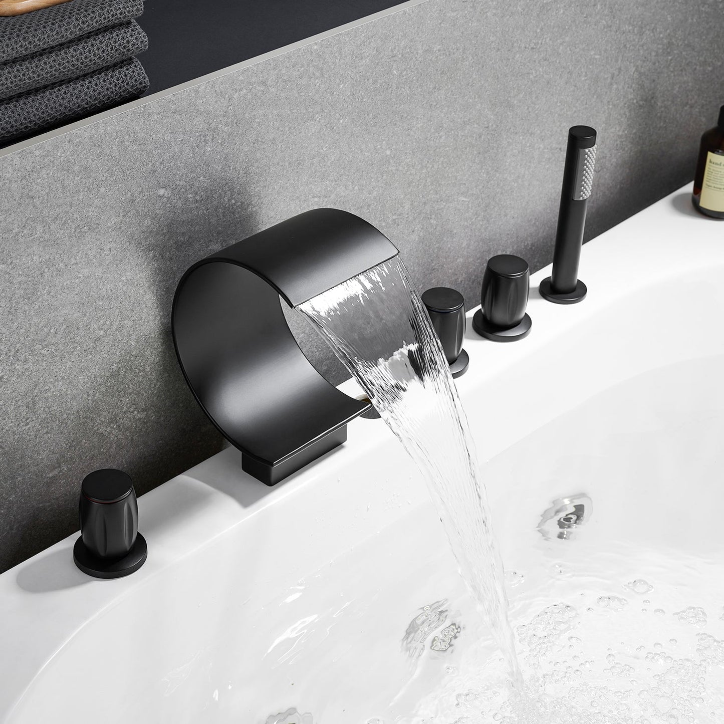 Recea Triple Handle Deck-Mount Roman Tub Faucet with Diverter and Handshower