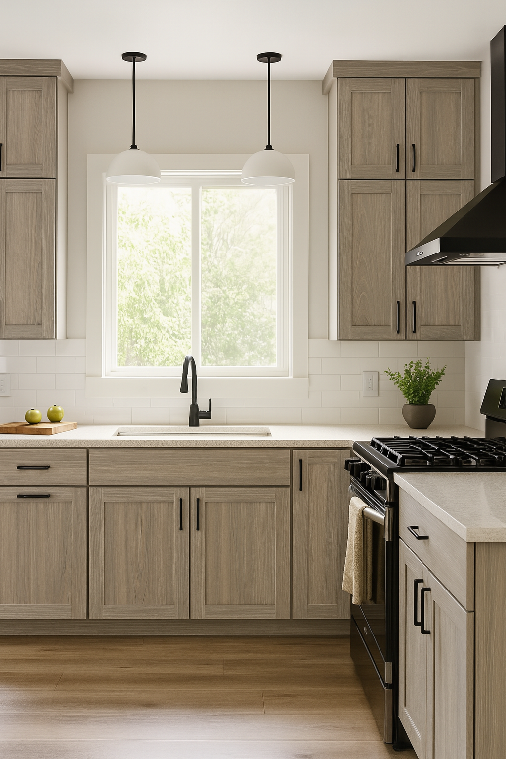 Modern kitchen with wooden cabinets, a window, and appliances.
