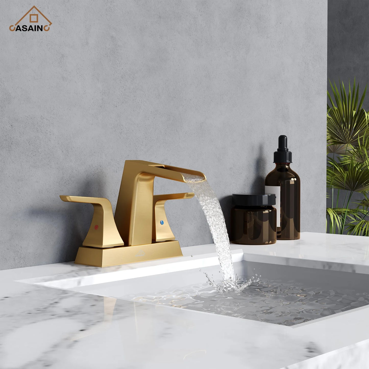 2 Handle Waterfall Brass Bathroom Sink Faucet 4 Inch Center Set